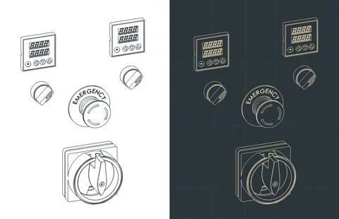 Industrial machine control panel and line emergency stop button isometric d.. Illustrazione stock