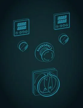 Industrial machine control panel and line emergency stop button isometric b.. Illustrazione stock