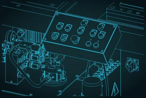 Industrial machine control panel and hydraulic unit isometic blueprint Stock Illustration