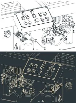 Industrial machine control panel and hydraulic unit isometic blueprints Stock Illustration