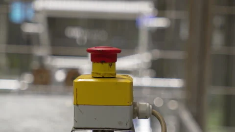 Industrial machine emergency stop button pressed, slow motion Stock Footage 346180464
