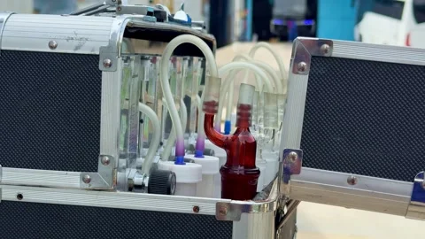 Industrial machine with fluid circulation in clear tubing. Stockbeeldmateriaal 325835471