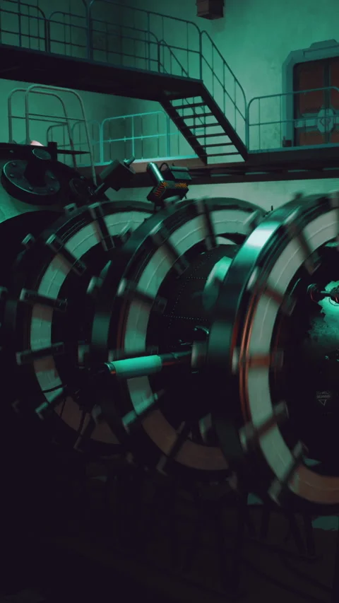 Industrial machine operates in a dimly lit factory during night time 動画素材 338389251