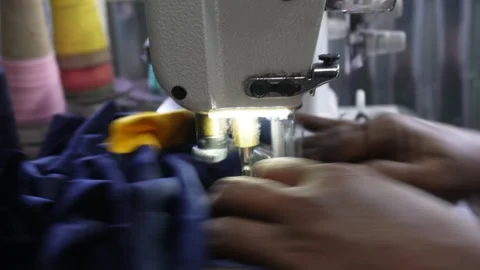 Industrial Machine Stitching Dark Blue Fabric Stock Footage 326150826