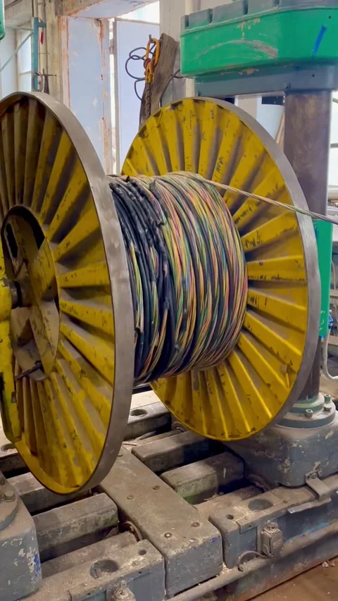 Industrial machine winding colored electric cable onto large yellow spool reel Stock Footage 322002730