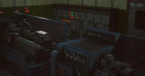 Industrial machinery and control panel in a dimly lit workshop at dusk Stock Illustration