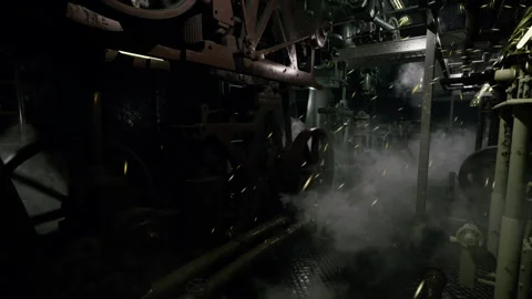 Industrial machinery in a dimly lit engine room with smoke and metal parts Stock Footage 309274306