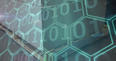 Industrial machinery with hexagonal digital pattern and binary code overlay Stock Footage 304842894