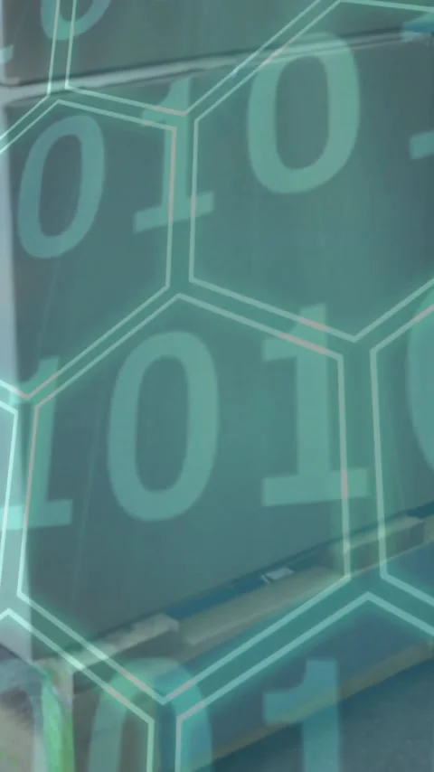 Industrial machinery with hexagonal digital pattern and binary code overlay Stock Footage 319071999