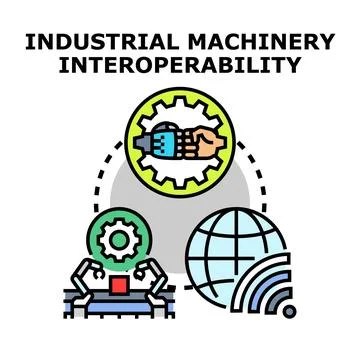 Industrial machinery interoperability connecting global smart factory systems Stock Illustration