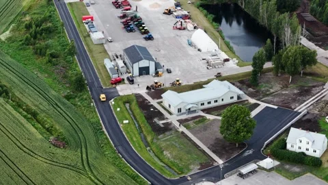 Industrial Machinery Yard at Peat Extraction Facility in Latvia, Aerial Stock Footage 341521858