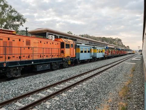Industrial Maintenance Train Engine at Station Track Stock Photos