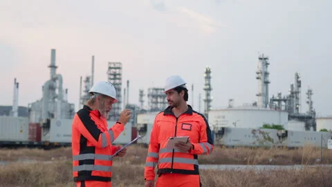 Industrial manager instructs a younger engineer using a clipboard and tablet Stock Footage 346636828