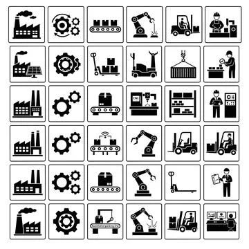 Industrial manufacturing icon set featuring factory buildings, robotic arms.. Stock Illustration