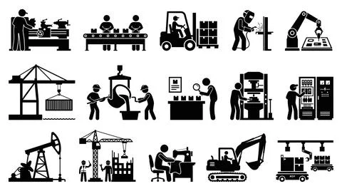 Industrial manufacturing processes with displays comprehensive collection Stock Illustration