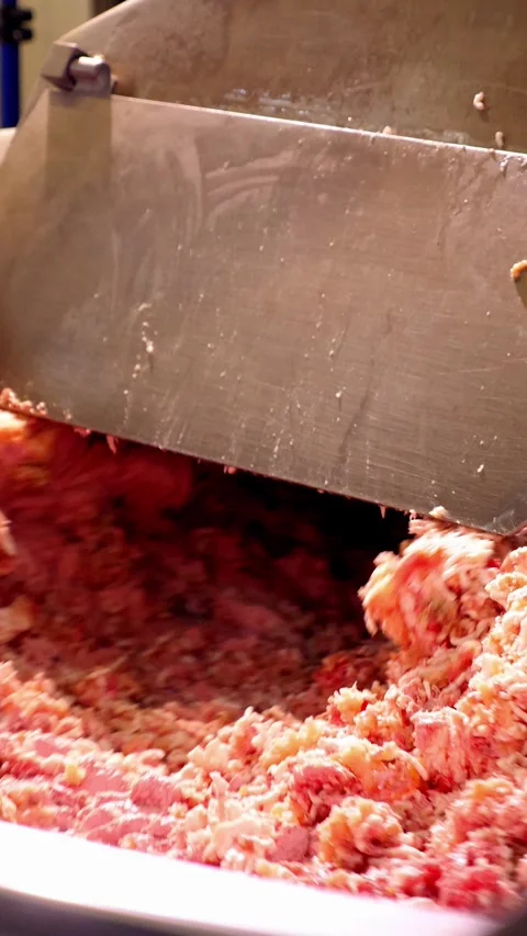 Industrial meat processing equipment mixing ground meat in a large stainless Stock Footage 313256651