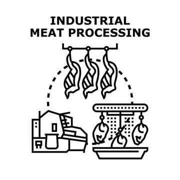 Industrial meat processing factory producing fresh meat products Stock Illustration