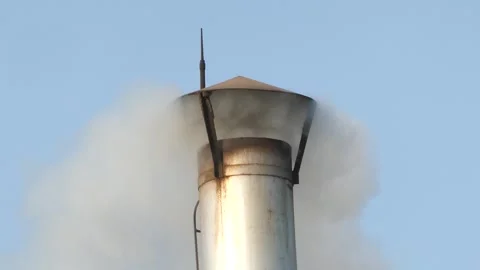 Industrial metal chimney stack emitting white smoke, pollution and environm.. Stock Footage 345196868