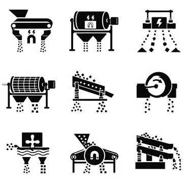 Industrial Mineral Processing and Sorting Equipment Icons Set in Flat Style Stockillustratie