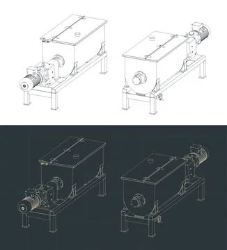 Industrial mixer for processing and mixing dry materials isometric drawings Stock Illustration