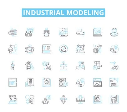 Industrial modeling linear icons set. Factories, Manufacturing, Assembly Stock Illustration