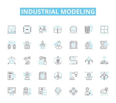 Industrial modeling linear icons set. Factories, Manufacturing, Assembly Illustrazione stock