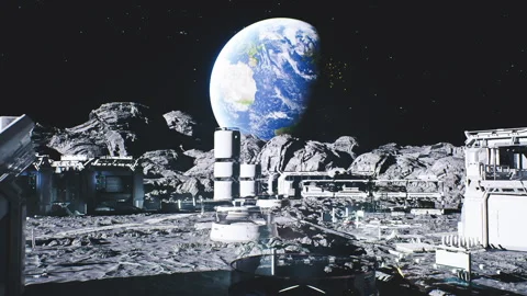 Industrial moon operations involve heavy machinery and resource collection tasks Stock Footage 331520432