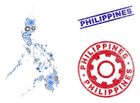 Industrial Mosaic Vector Philippines Map and Grunge Stamps Stock Illustration