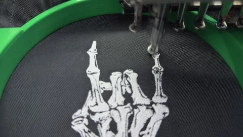 Industrial Multi-Needle Embroidery Machine Stitching White Skeleton Hand Ro.. 스톡 동영상 332205819