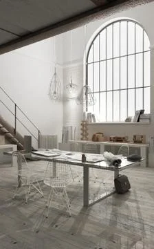 Industrial office with big window, open space, loft interior design, modern m Ilustración de archivo