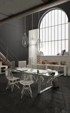 Industrial office with big window, open space, loft interior design, modern m Ilustración de archivo