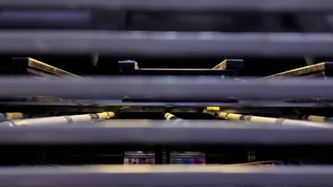 Industrial Offset Printing Press Rollers Transporting Printed Paper Sheets Stock Footage 337264415