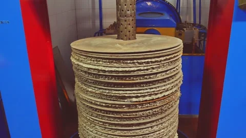 Industrial oil mill in Apulia. Detail fiber discs used to obtain olive oil by Stock Footage