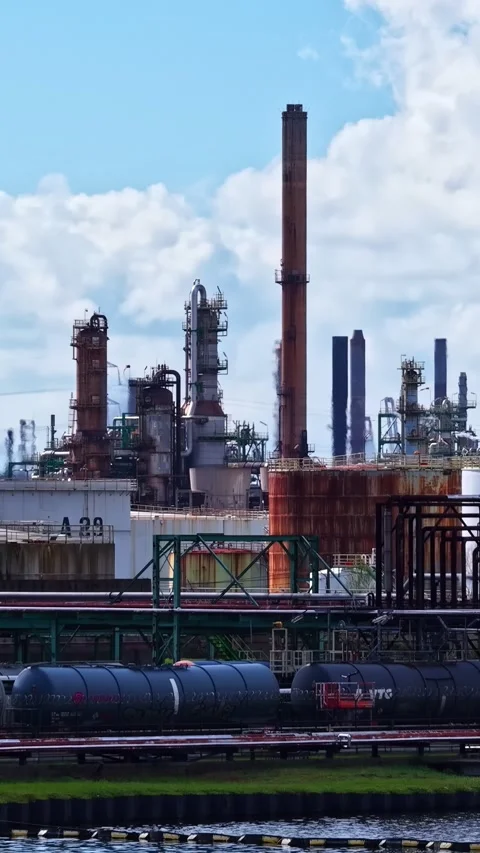 Industrial oil refinery with cargo train passing in Le Havre, France Stock Footage 339754374