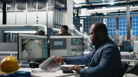 Industrial operations expert checking performance data in a solar panel factory Stock Footage 311783457
