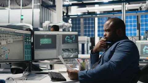 Industrial operations expert checking performance data in a solar panel factory Stock Photos