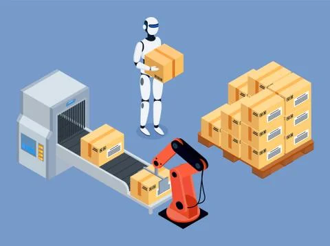 Industrial packing system process with robotic arm and loader working on Illustrazione stock