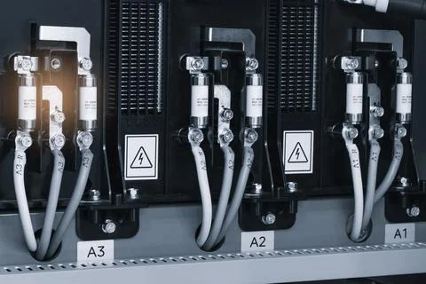 Industrial panel with labeled terminals and safety warnings. Metal casing hol Stock Photos