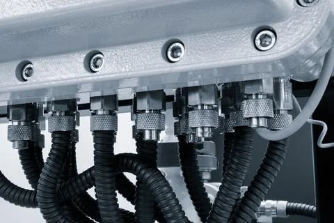 Industrial panel with multiple fluid connectors. Black coiled hoses extend fr 스톡 사진