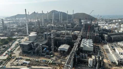 Industrial Petrochemical Refinery Complex Processing Operations In Thailand.. Stock Photos