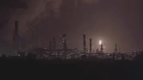 Industrial petroquimical plant night shot fire Stock Footage