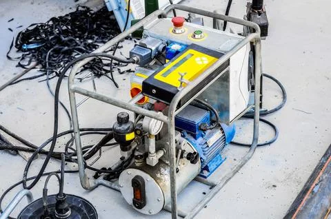 Industrial pipe welding machine for large plastic pipes on an active constr.. Stock Photos