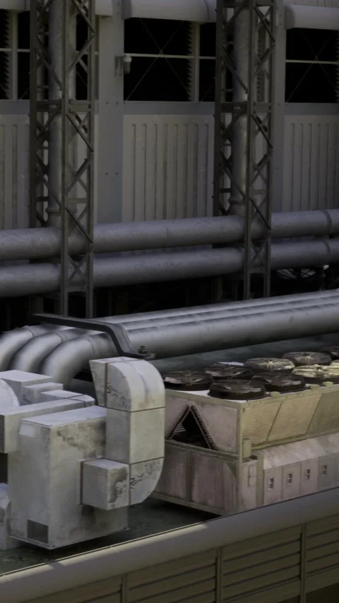 Industrial pipes and storage boxes in a futuristic setting during the day Stock Footage 335451154