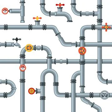 Industrial pipes seamless pattern. Pipe valves and taps, drain cooling or h.. Stock Illustration