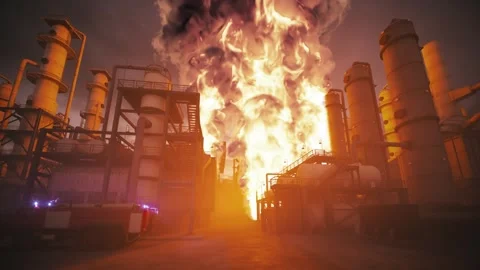 Industrial Plant Explosion - Massive Fire at Chemical Factory Disaster Scene Stock Footage 344863252