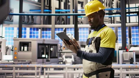 Industrial plant technician using tablet to implement green energy solutions Stock Footage 308726853