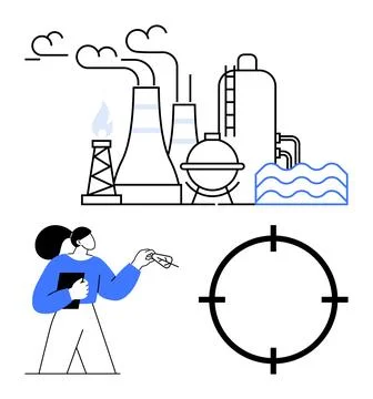 Industrial Plant with Worker Analyzing Data and Circular Target Icon Illustrazione stock