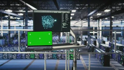 Industrial platform workstation isolated screen laptop in automated data center Foto stock