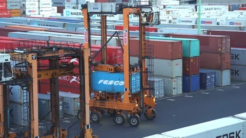 Industrial port with containers and loader Video stock 76375655