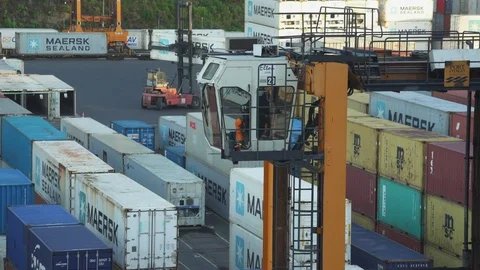 Industrial port with containers. Loader close up Stock Footage 76376527